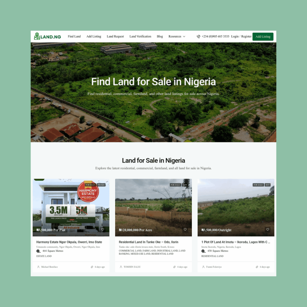 Land.ng website screenshot